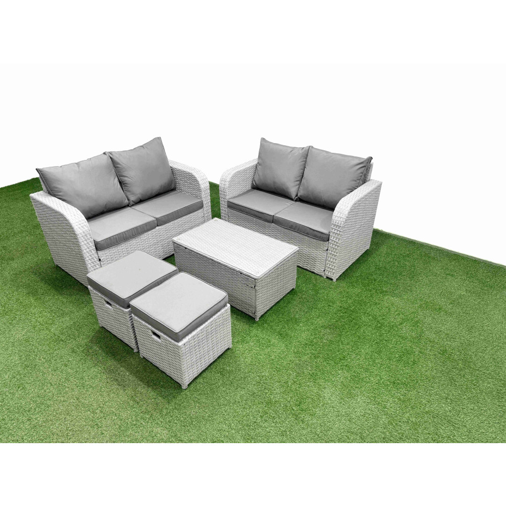 Fimous 6 Seater Outdoor Love Sofa Set Rattan Garden Furniture Set with Rectangular Coffee Table 2 Small Stools Light Grey