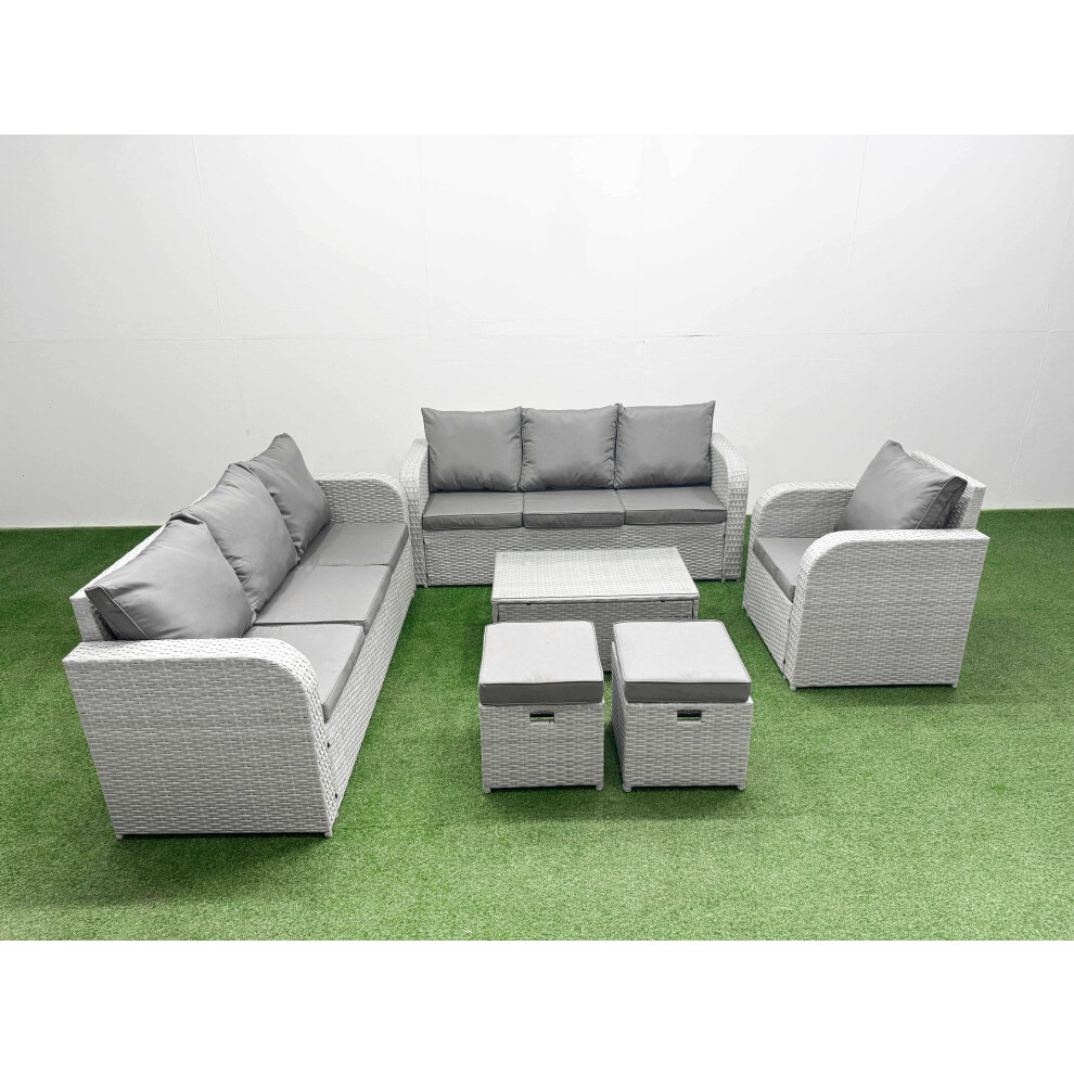 Fimous 9 Seater Poly Rattan Outdoor Garden Furniture Sofa Set Patio 3 Seater Sofa Reclining Chair 3 Seater Sofa Stools Light Grey