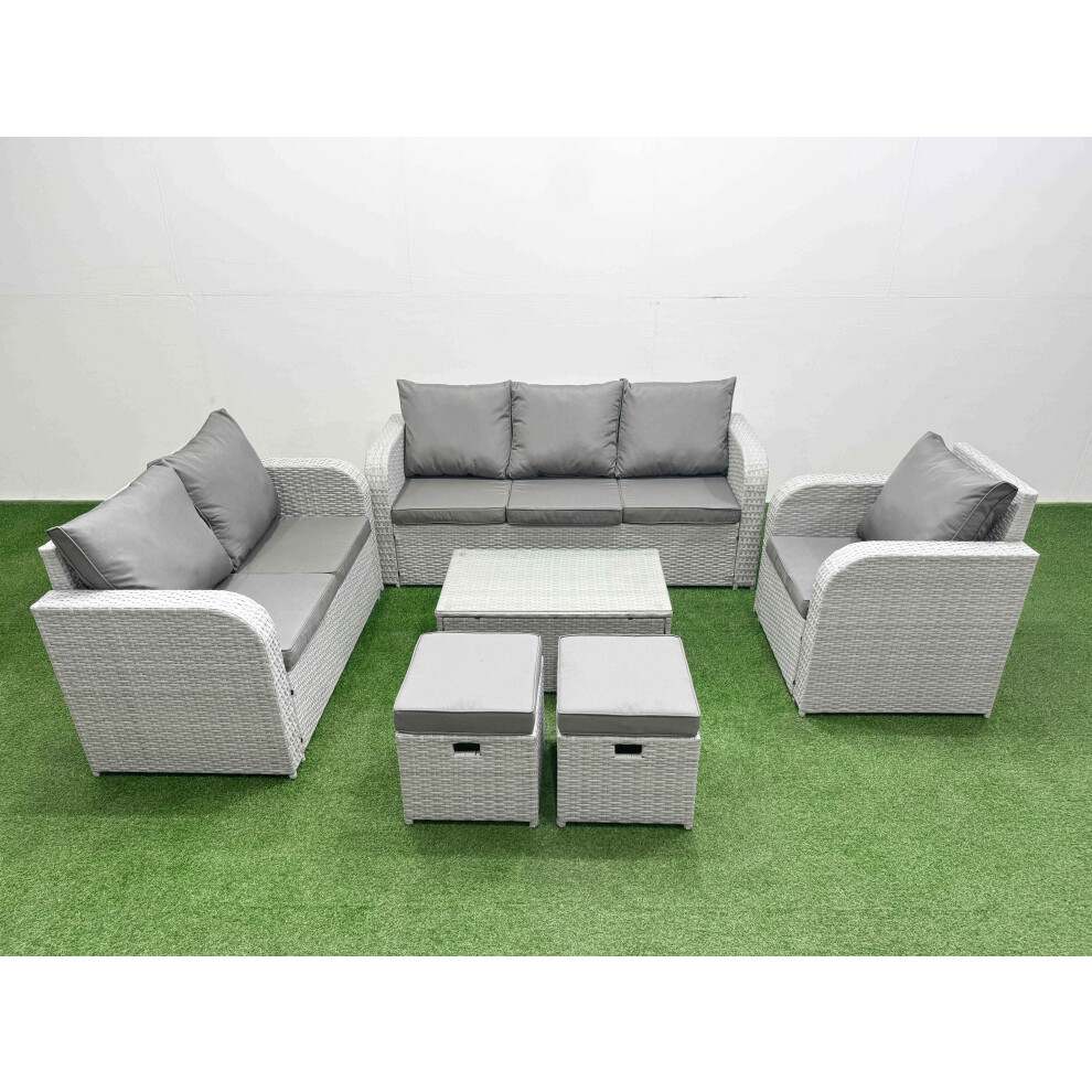 Fimous Patio PE Wicker 8 Seater Outdoor Rattan Furniture Sofa Sets with Rectangular Coffee Table 3 Seater Sofa Stool Light Grey