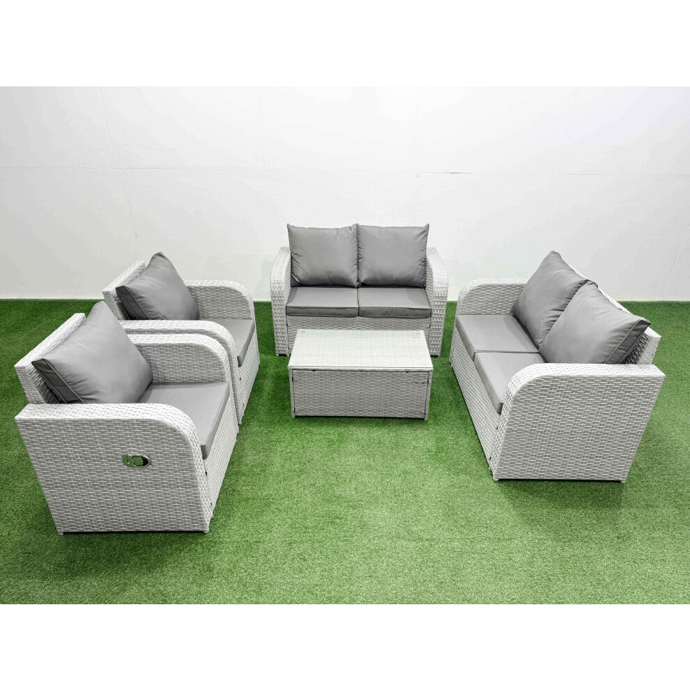 Fimous 6 Seater Outdoor Reclining Chair Love Sofa Set Rattan Garden Furniture Set with Rectangular Coffee Table Light Grey