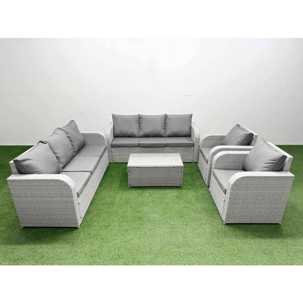 Fimous PE Rattan High Back Lounge Sofa Set Patio Coffee Table & Chairs Set with 3 Seater Sofa Reclining Chair Light Grey