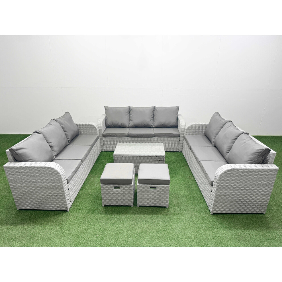 Fimous PE Rattan Lounge Sofa Set 11 Seater Outdoor Garden Furniture Set with Rectangular Coffee Table 3 Seater Sofa 2 Stools Light Grey