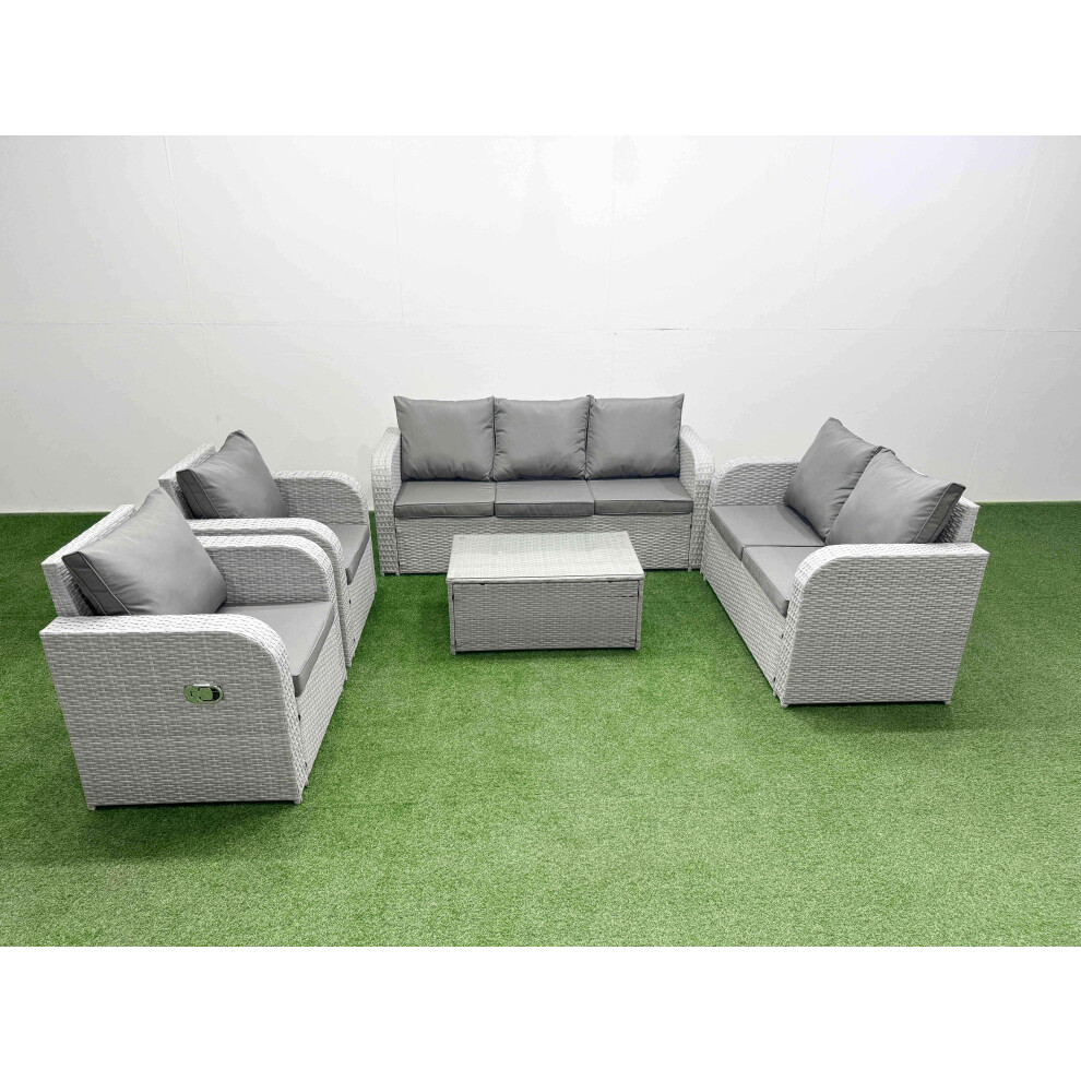 Fimous PE Rattan Garden Furniture Set Adjustable Chair Sofa Double Love Seat 2 Seater Sofa Lounge Set Oblong Coffee Table Light Grey