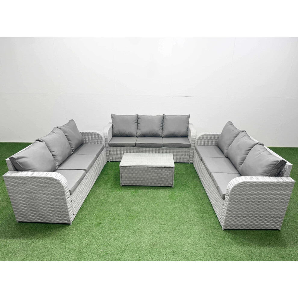 Fimous PE Rattan Lounge Sofa Set 9 Seater Outdoor Garden Furniture Set with Rectangular Coffee Table 3 Seater Sofa Light Grey