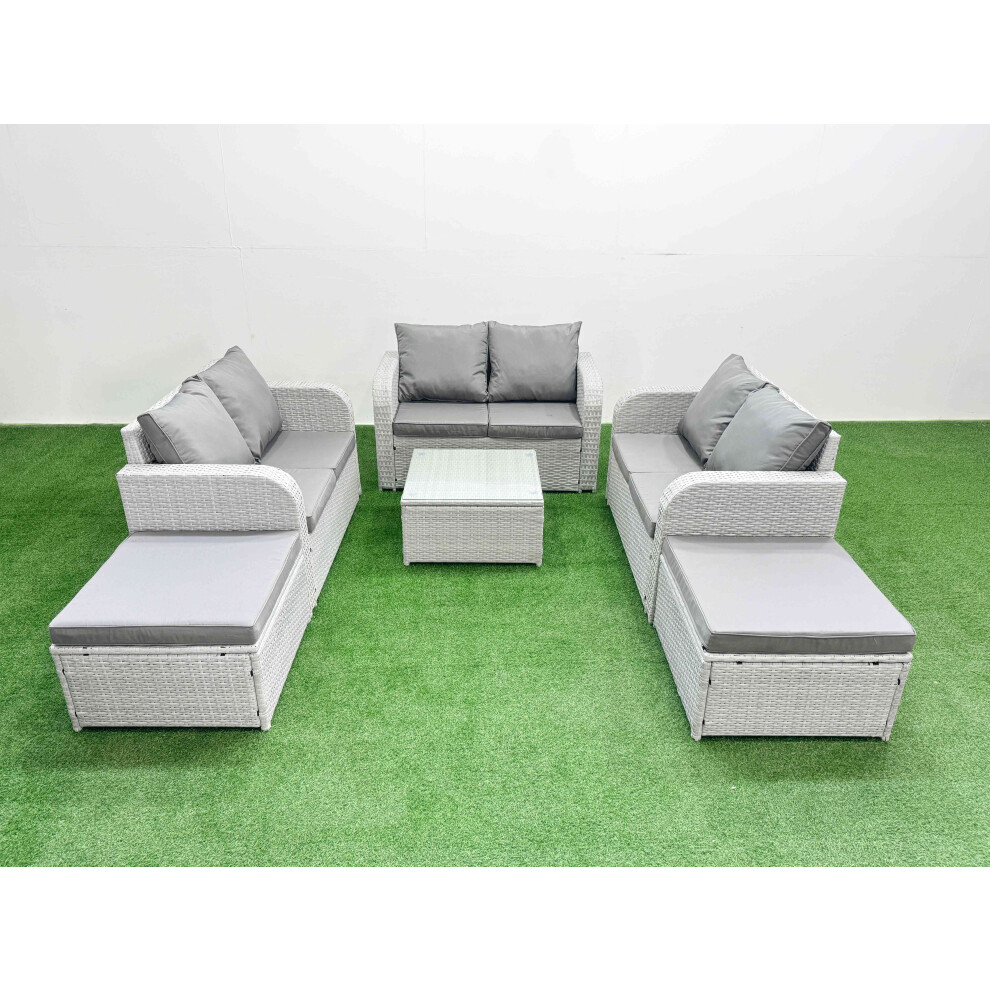 Fimous  8 Seater PE Wicker Rattan Furniture Sofa Sets with Square Coffee Table 2 Seater Love Sofa 2 Big Footstool Light Grey