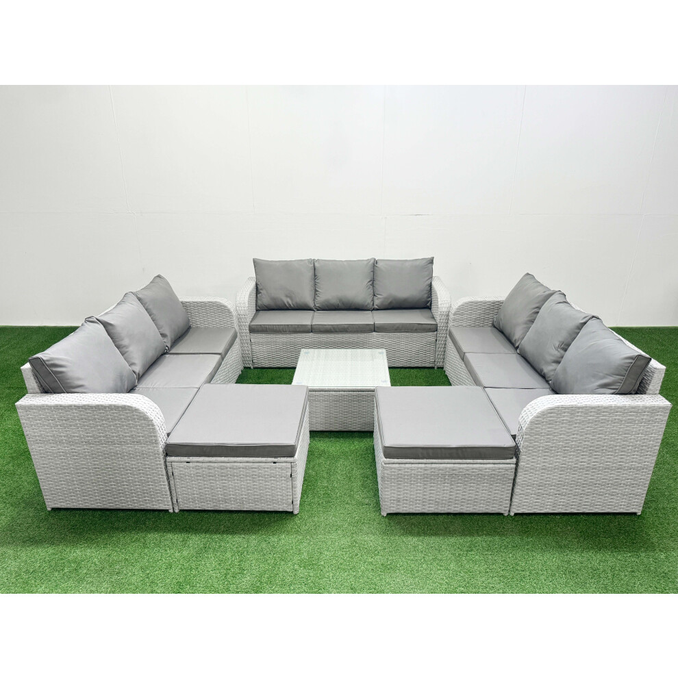 Fimous PE Rattan Lounge Sofa Set 11 Seater Outdoor Garden Furniture Set with Square Coffee Table 2 Big Footstools Light Grey