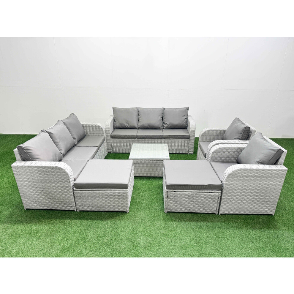 B&Q - Pe Rattan High Back Lounge Sofa Set Square Coffee Table & Chairs Set 3 Seater Sofa 2 Big Footstool Light Grey - Image 2