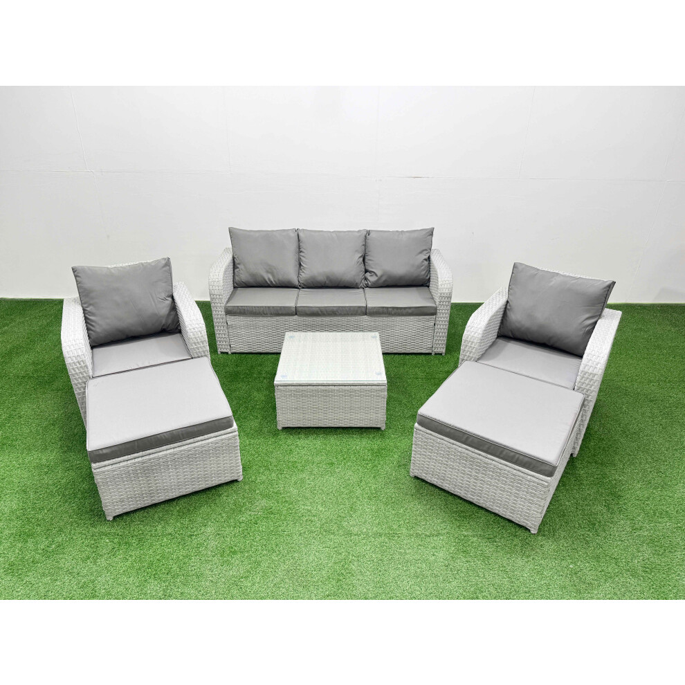 Fimous PE Rattan Garden Furniture Set Reclining Chair Sofa Lounge Sofa Set Square Coffee Table 2 Big Footstool Light Grey