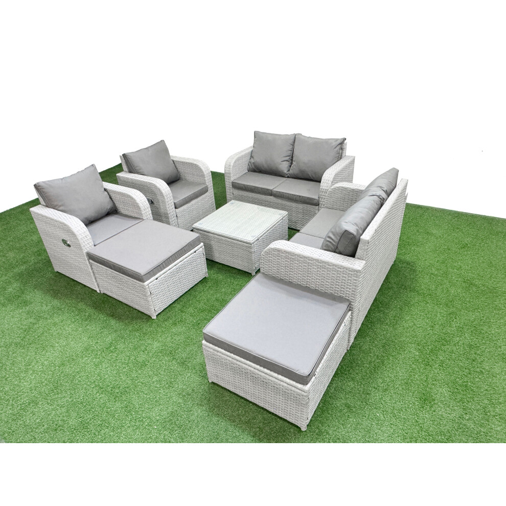 Fimous 8 Seater Outdoor Reclining Chair Love Sofa Set Rattan Garden Furniture Set with Square Coffee Table 2 Big FootStools Light Grey