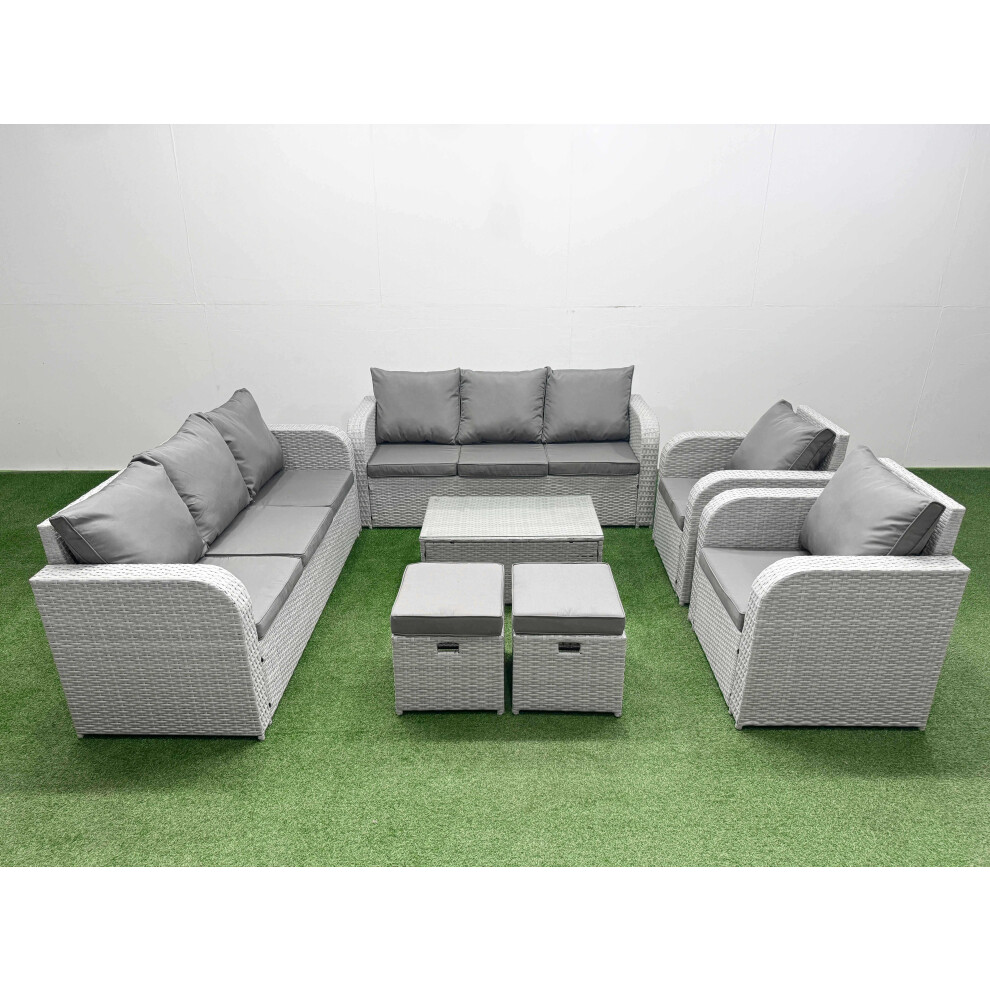 Fimous PE Rattan High Back Lounge Sofa Set Patio Coffee Table & Chairs Set with 3 Seater Sofa Reclining Chair Stools Light Grey