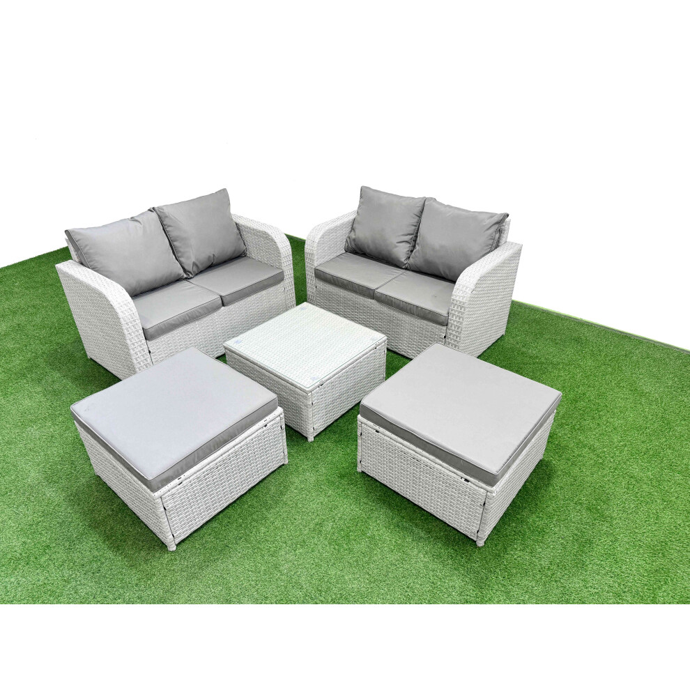 Fimous 6 Seater Outdoor Love Sofa Set Rattan Garden Furniture Set with Square Coffee Table 2 Footstool Light Grey