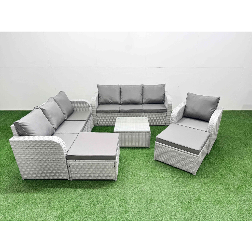 Fimous 9 Seater Poly Rattan Outdoor Garden Furniture Square Coffee Table Sofa Set Patio Reclining Chair 2 Big Footstools Light Grey