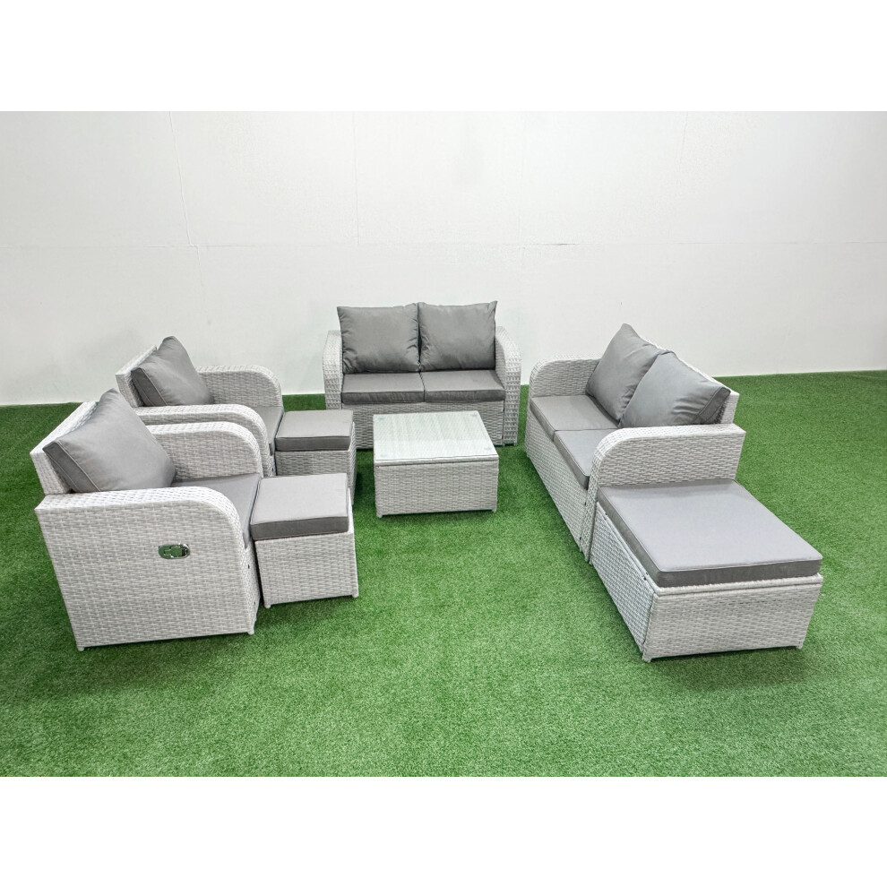 Fimous 9 Seater Outdoor Reclining Chair Love Sofa Set Rattan Garden Furniture Set with Square Coffee Table 3 Stools Light Grey