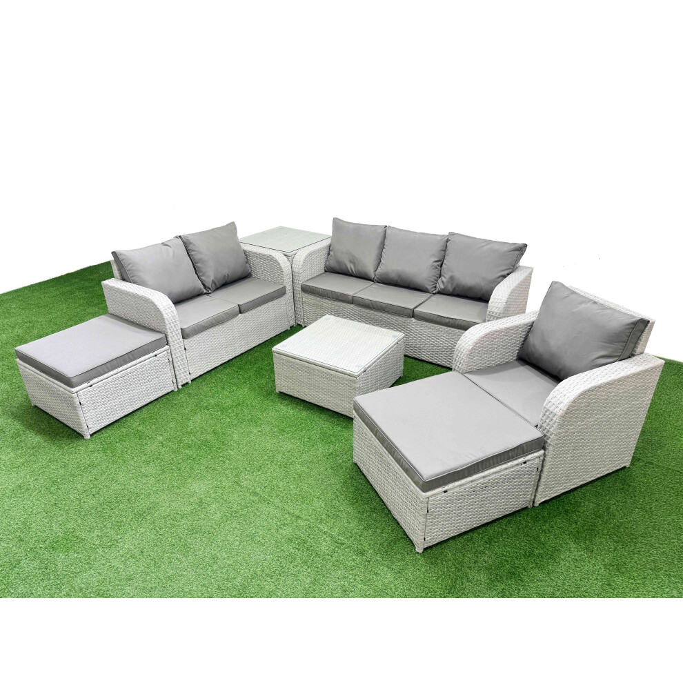 Fimous Patio Pe Wicker 8 Seater Outdoor Rattan Furniture Sofa Sets With Reclining Chair Loveseat Sofa 2 Big Footstools Grey