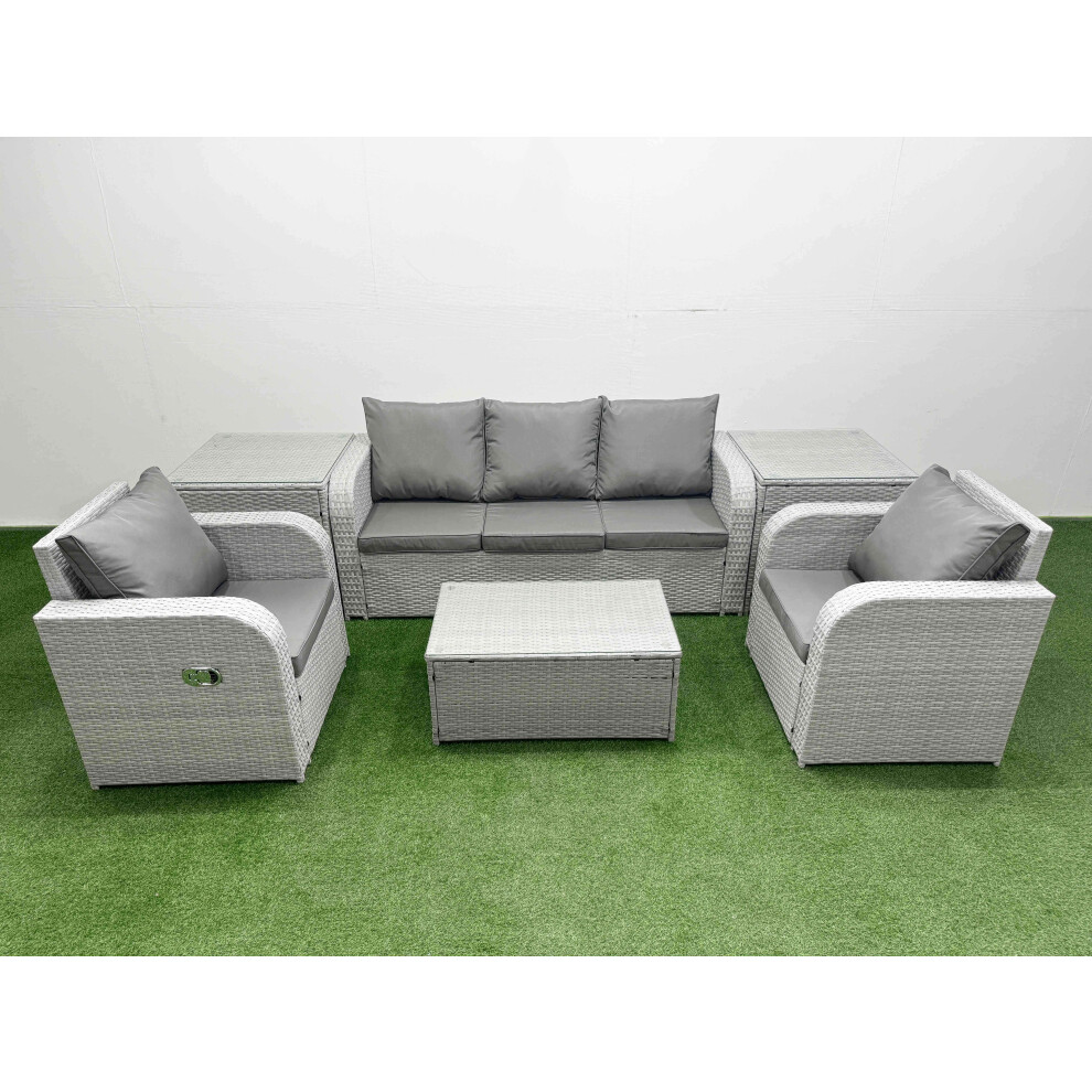 Fimous PE Rattan Garden Furniture Set Reclining Chair Sofa Lounge Sofa Set Oblong Coffee Table 2 Side Table Light Grey-image-OPC-PFVQFNP-NEW