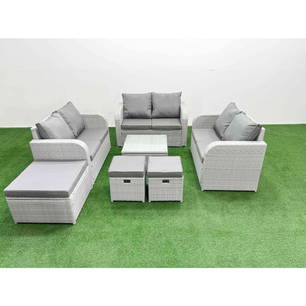 Fimous  9 Seater PE Wicker Rattan Furniture Sofa Sets with Square Coffee Table 2 Seater Love Sofa 3 Stool Light Grey