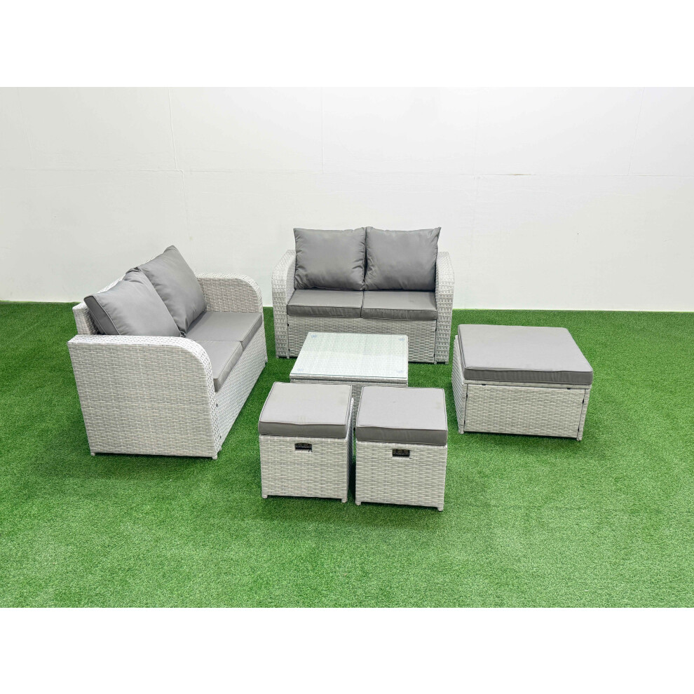 Fimous 7 Seater Outdoor Love Sofa Set Rattan Garden Furniture Set with Square Coffee Table 3 Footstool Light Grey