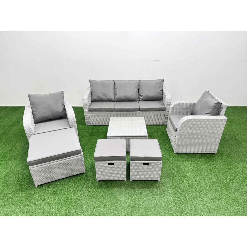 Fimous PE Rattan Garden Furniture Set Reclining Chair Sofa Lounge Sofa Set Square Coffee Table 3 Stools Light Grey