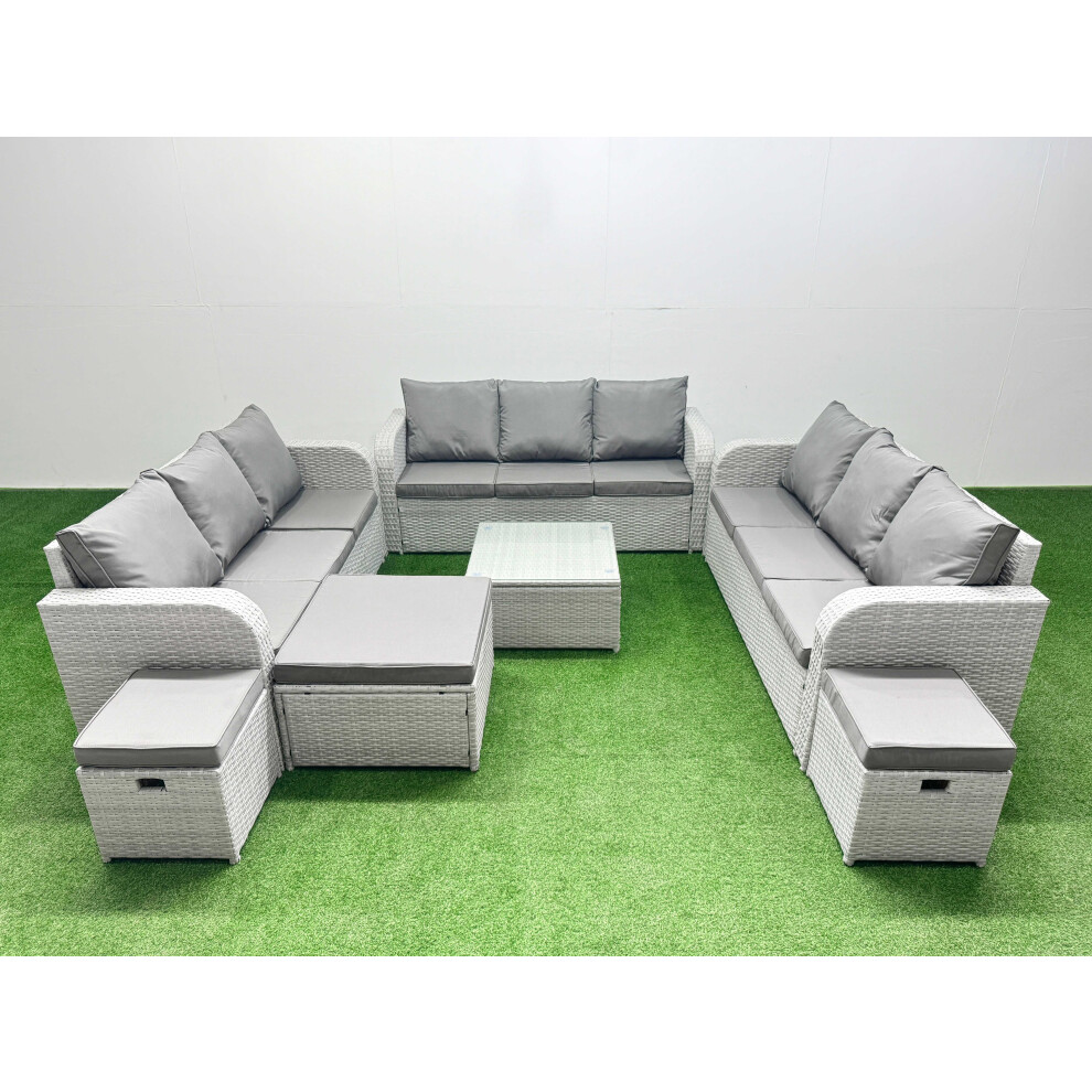 Fimous PE Rattan Lounge Sofa Set 12 Seater Outdoor Garden Furniture Set with Square Coffee Table 3 Stools Light Grey