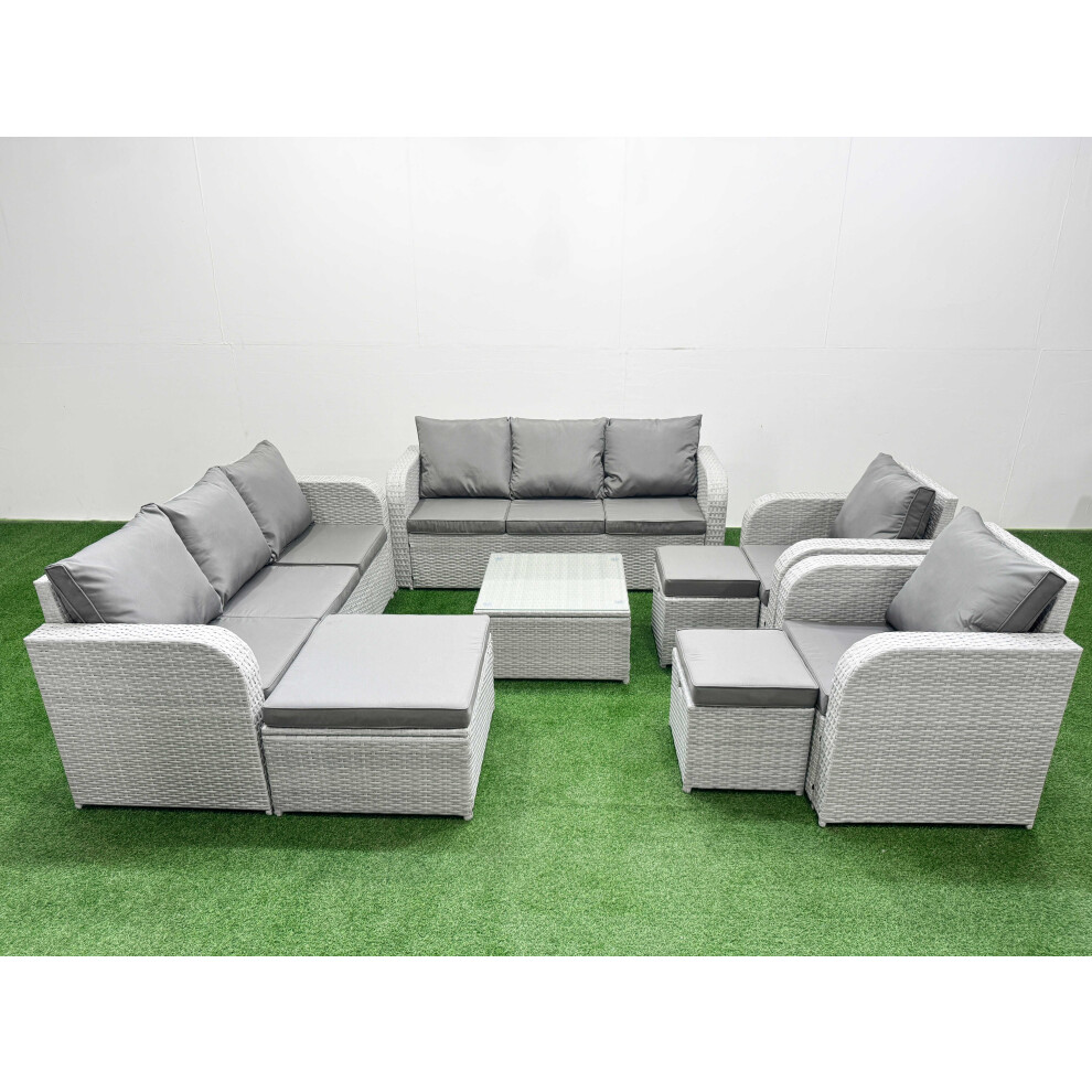 Fimous PE Rattan High Back Lounge Sofa Set Patio Square Coffee Table & Chairs Set with Reclining Chair 3 Stools Light Grey