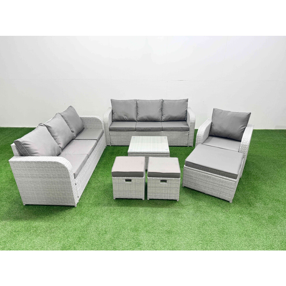 Fimous 10 Seater Poly Rattan Outdoor Garden Furniture Square Coffee Table Sofa Set Patio Reclining Chair 3 Stools Light Grey