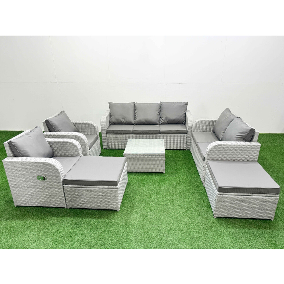 Fimous PE Rattan Garden Furniture Set Adjustable Chair Sofa Double Love Seat 2 Seater Sofa Lounge Set 2 Big Footstool Light Grey