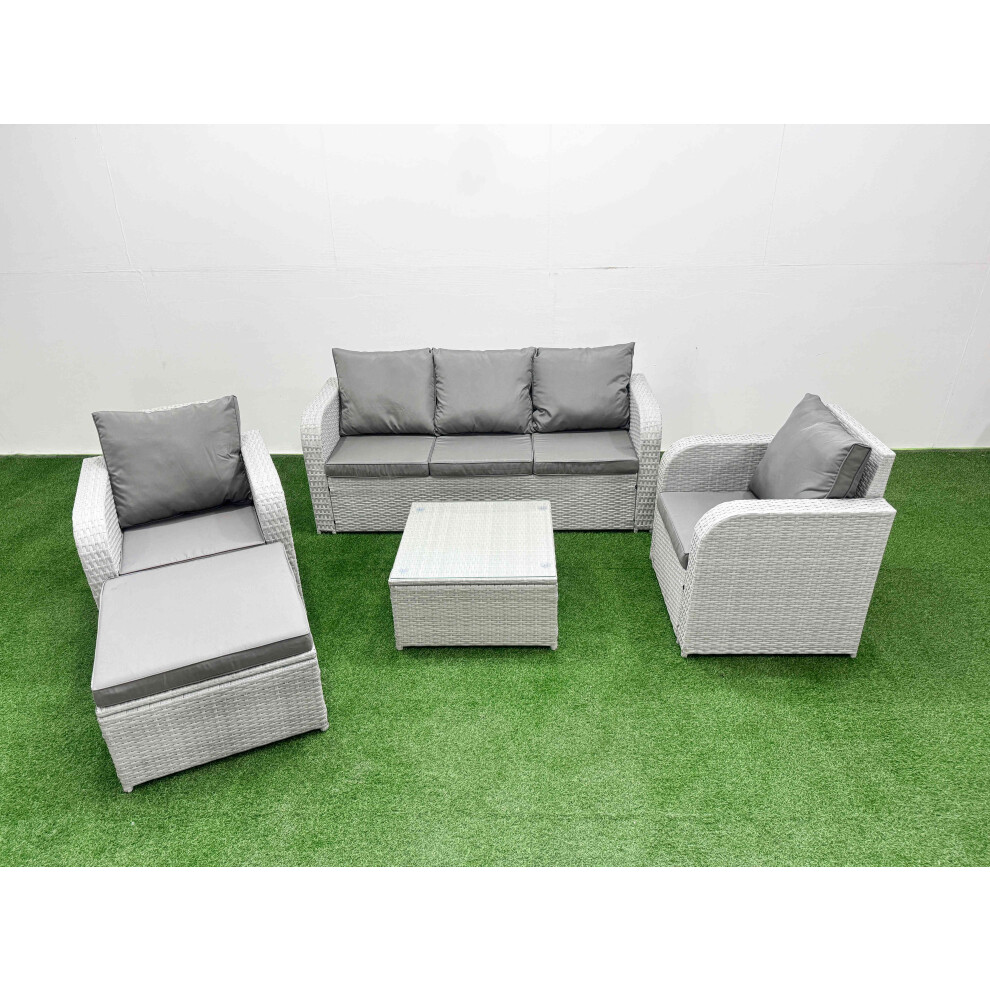 Fimous PE Rattan Garden Furniture Set Reclining Chair Sofa Lounge Sofa Set Square Coffee Table Big Footstool Light Grey