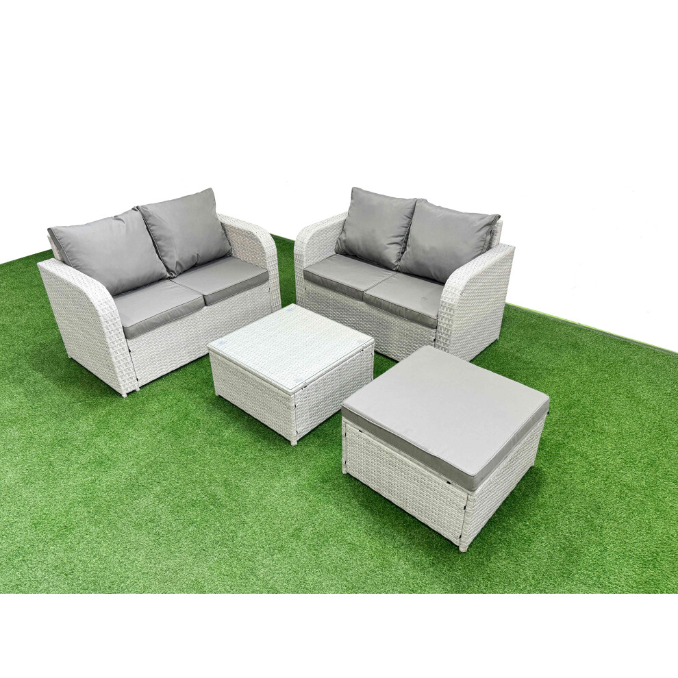 Fimous 5 Seater Outdoor Love Sofa Set Rattan Garden Furniture Set with Square Coffee Table Big Footstool Light Grey