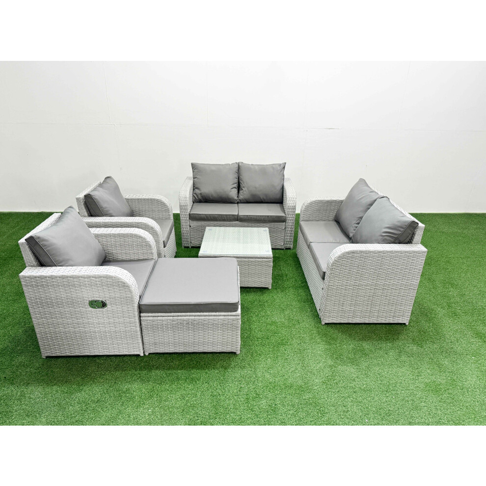 Fimous 7 Seater Outdoor Reclining Chair Love Sofa Set Rattan Garden Furniture Set with Square Coffee Table Footstool Light Grey