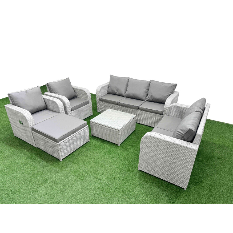 Fimous PE Rattan Garden Furniture Set Adjustable Chair Sofa Double Love Seat 2 Seater Sofa Lounge Set Big Footstool Light Grey