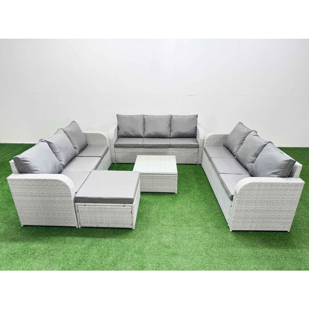 Fimous PE Rattan Lounge Sofa Set 10 Seater Outdoor Garden Furniture Set with Square Coffee Table 3 Seater Sofa Big Footstool Light Grey