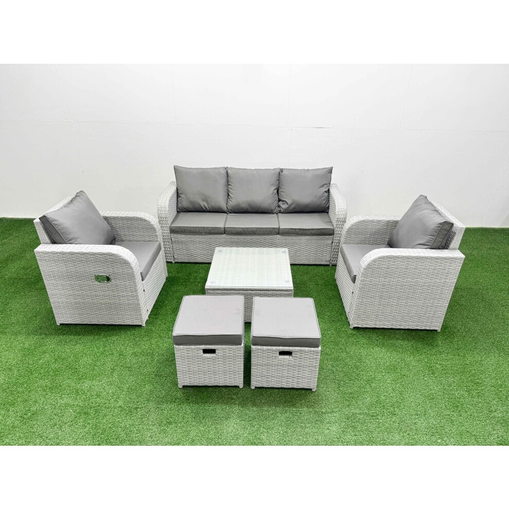 Fimous PE Rattan Garden Furniture Set Reclining Chair Sofa Lounge Sofa Set Square Coffee Table 2 Small Stools Light Grey