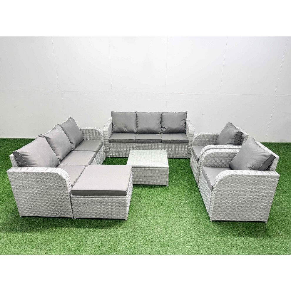 Fimous PE Rattan High Back Lounge Sofa Set Patio Square Coffee Table & Chairs Set with 3 Seater Sofa Reclining Chair Big Footstool