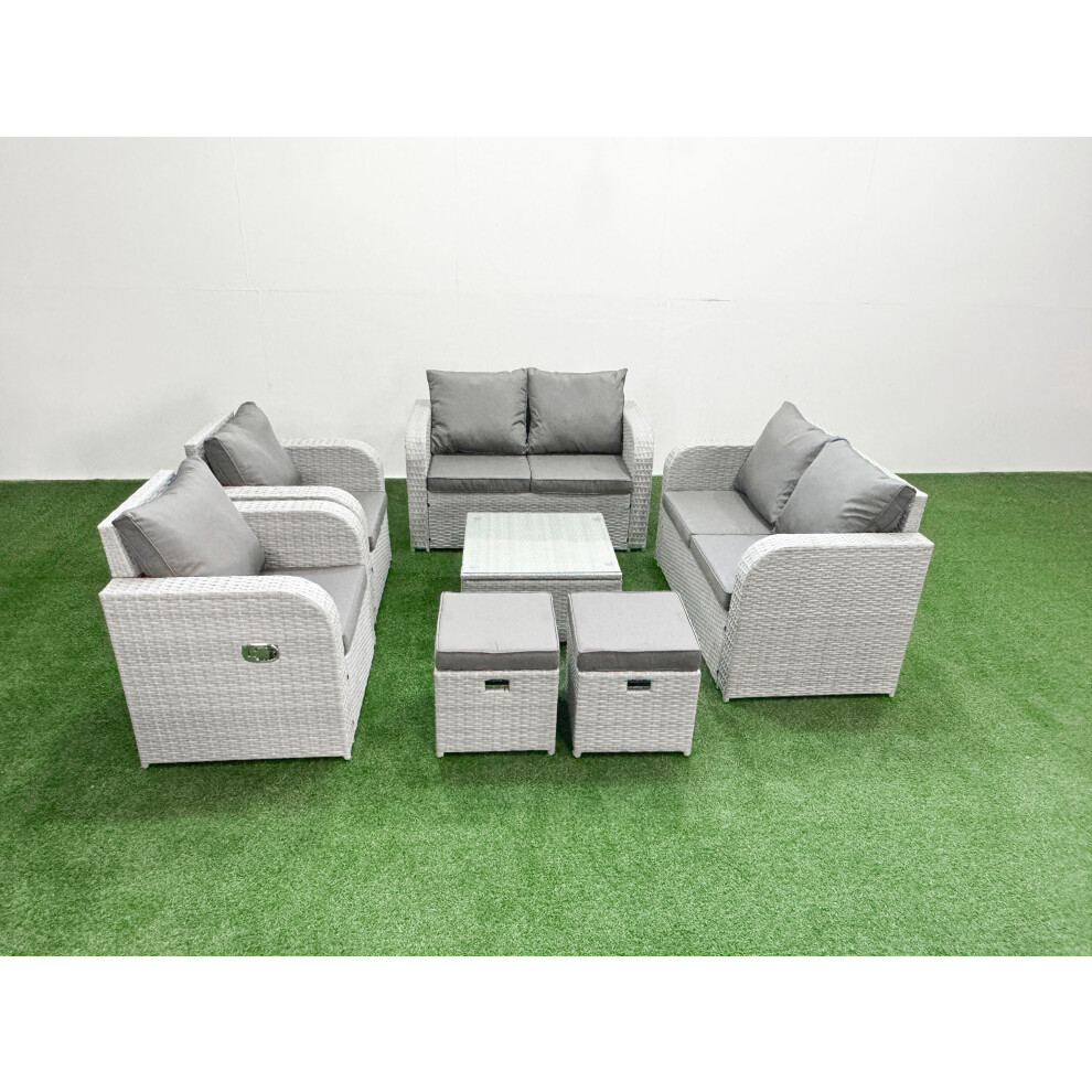 Fimous 8 Seater Outdoor Reclining Chair Love Sofa Set Rattan Garden Furniture Set with Square Coffee Table 2 Stools Light Grey