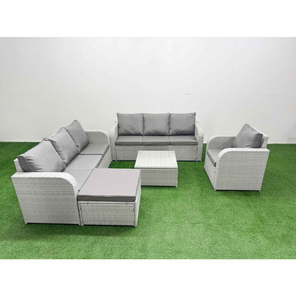 Fimous 8 Seater Poly Rattan Outdoor Garden Furniture Square Coffee Table Sofa Set Patio Reclining Chair Big Footstool Light Grey