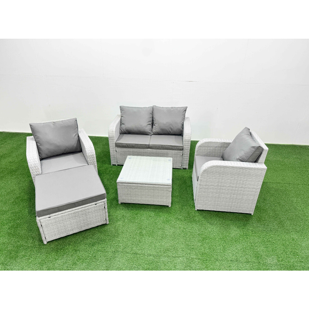 Fimous Light Grey PE Wicker Rattan Garden Furniture Set Sofa Set Reclining Adjustable Chair Square Coffee Table 5 Seater With Footstool