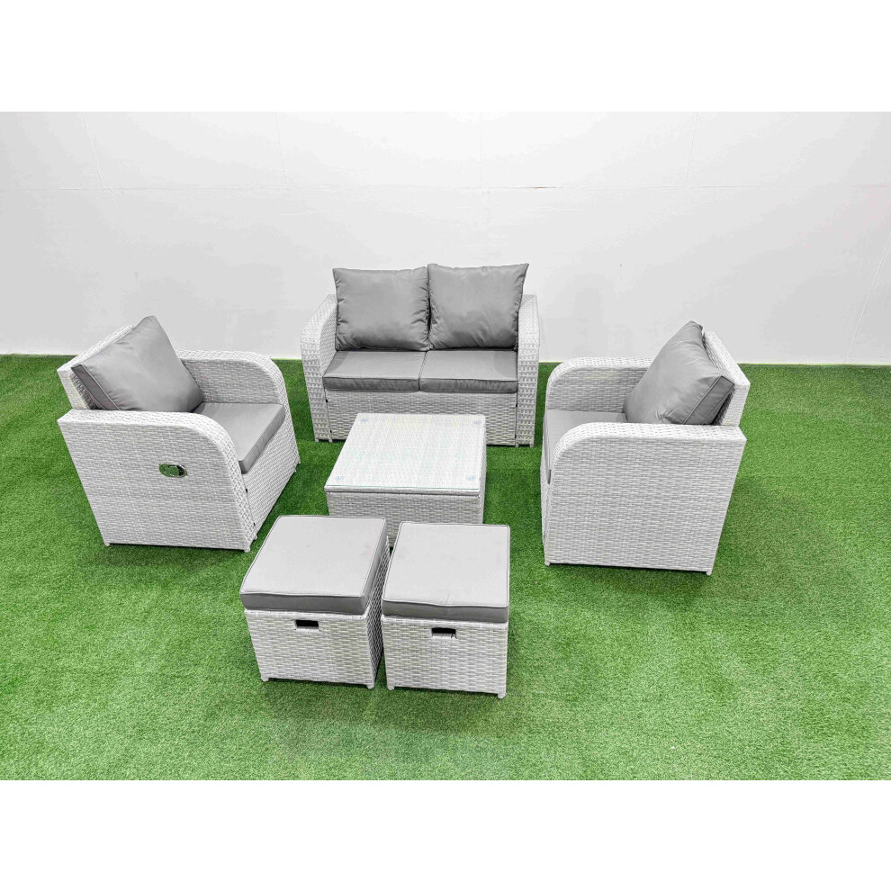 Fimous Light Grey PE Wicker Rattan Garden Furniture Set Sofa Set Reclining Adjustable Chair 6 Seater 2 Small Stools