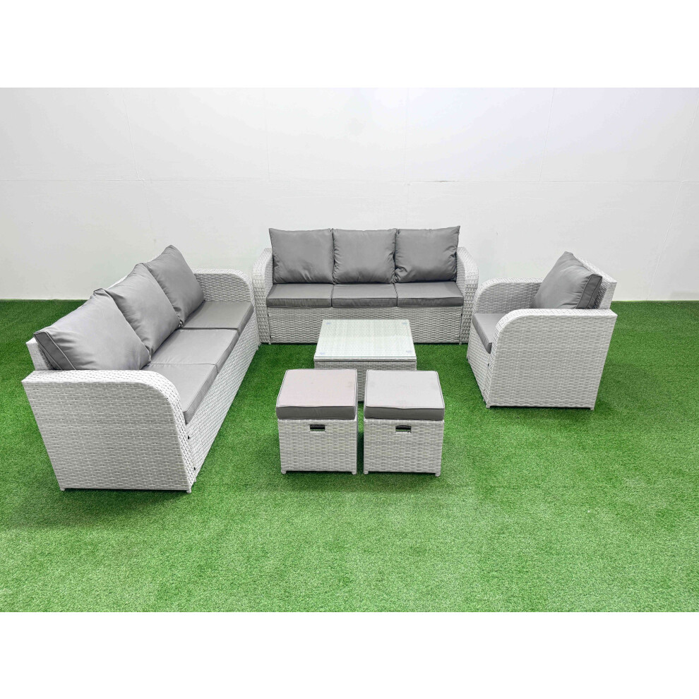 Fimous 9 Seater Poly Rattan Outdoor Garden Furniture Square Coffee Table Sofa Set Patio Reclining Chair Stools Light Grey