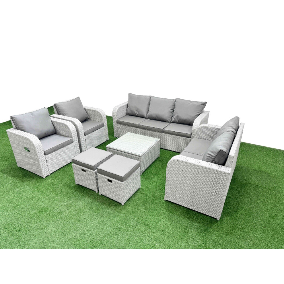 Fimous PE Rattan Garden Furniture Set Adjustable Chair Sofa Double Love Seat 2 Seater Sofa Lounge Set 2 Stools Light Grey