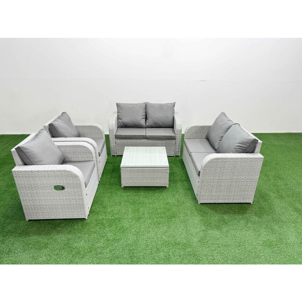 Fimous 6 Seater Outdoor Reclining Chair Love Sofa Set Rattan Garden Furniture Set with Square Coffee Table Light Grey