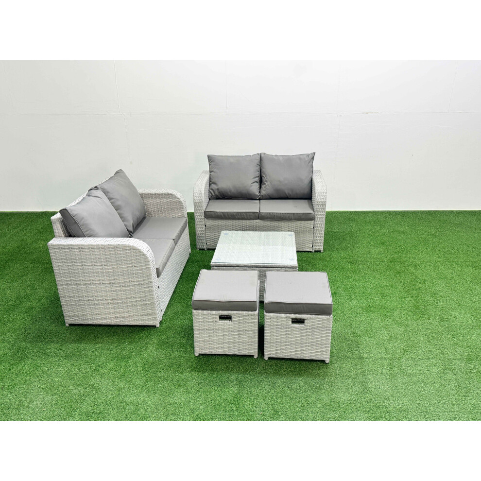 Fimous 6 Seater Outdoor Love Sofa Set Rattan Garden Furniture Set with Square Coffee Table 2 Small Stools Light Grey