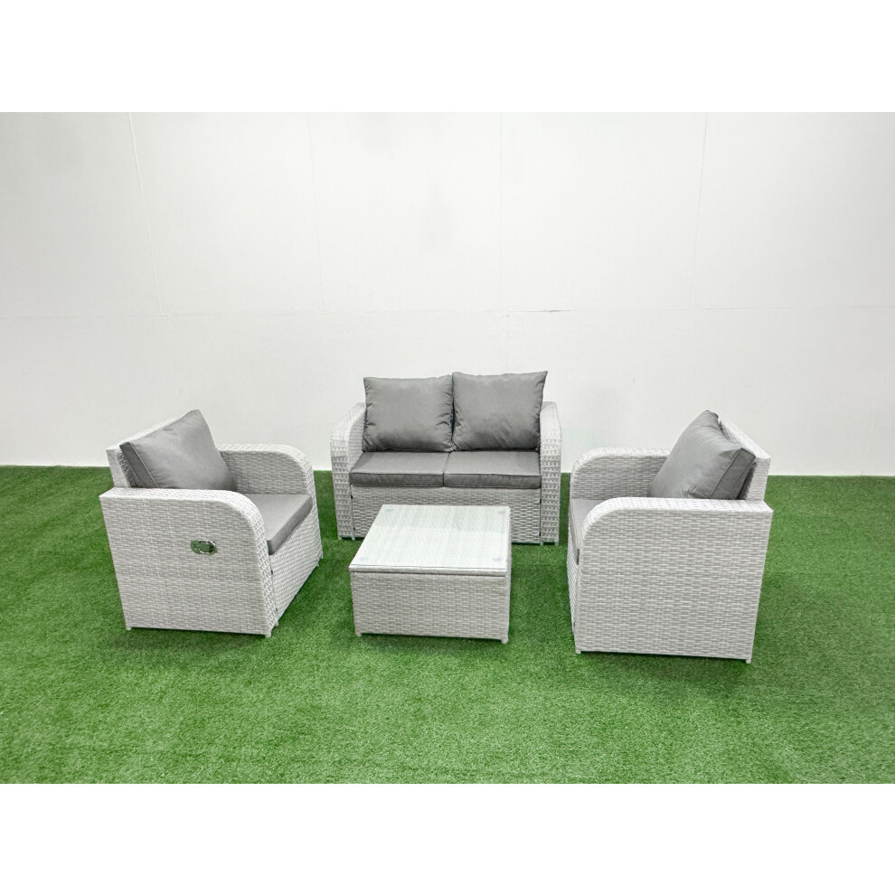 Fimous Light Grey PE Wicker Rattan Garden Furniture Set Sofa Set Reclining Adjustable Chair Square Coffee Table 4 Seater