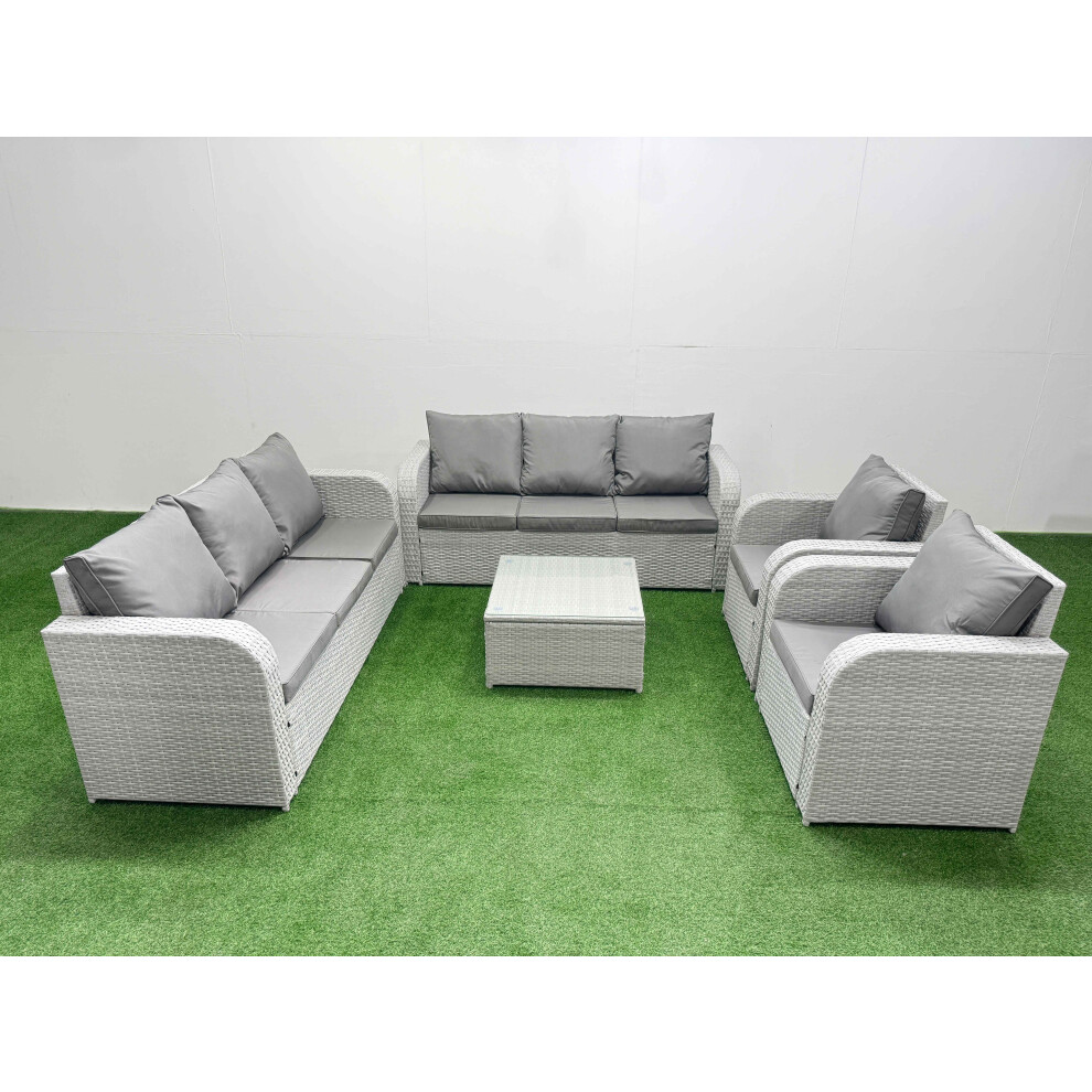 Fimous PE Rattan High Back Lounge Sofa Set Patio Square Coffee Table & Chairs Set with 3 Seater Sofa Reclining Chair Light Grey