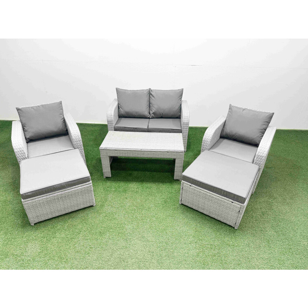 Fimous Light Grey PE Wicker Rattan Garden Furniture Set Sofa Set Reclining Adjustable Chair  6 Seater 2 Big Stools