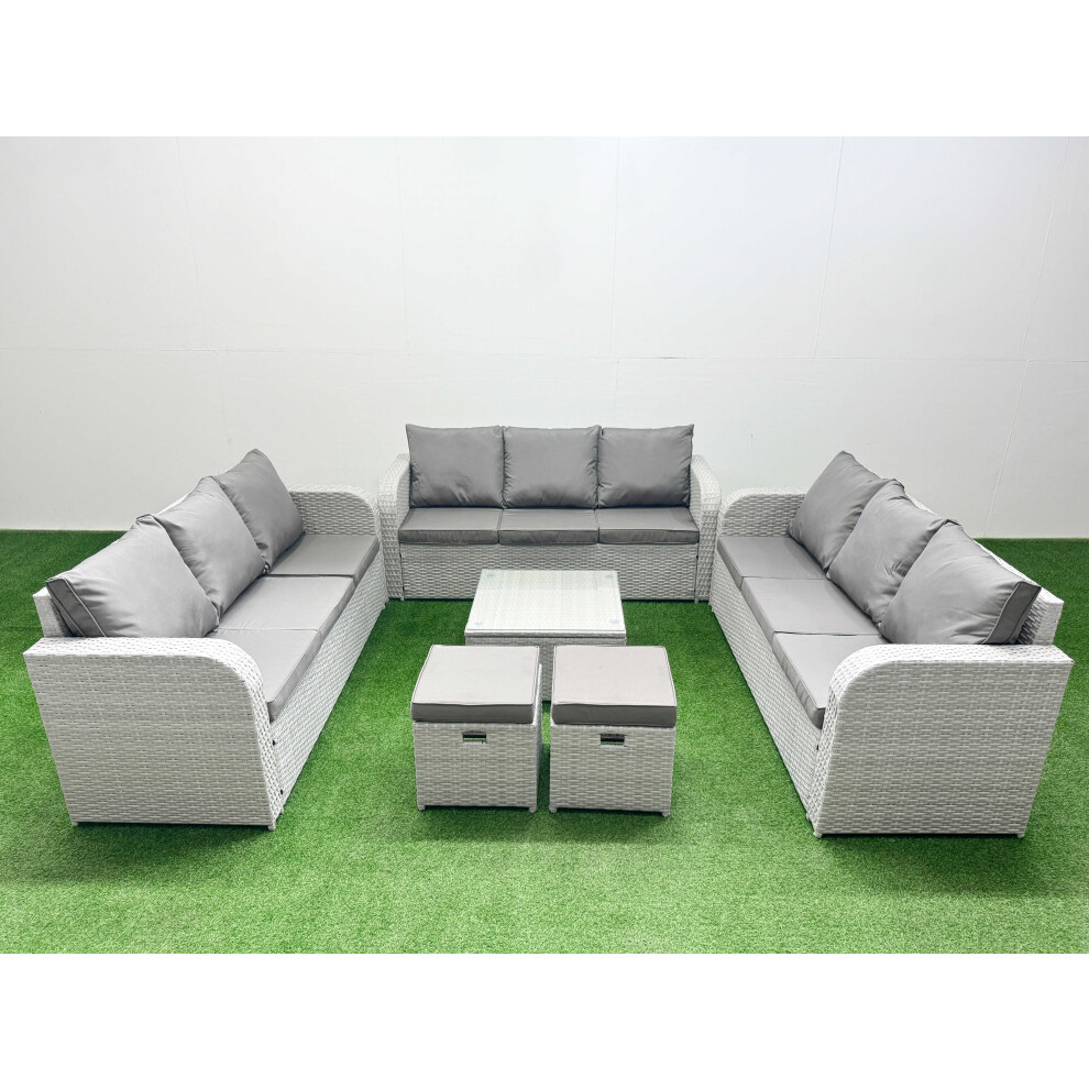 Fimous PE Rattan Lounge Sofa Set 11 Seater Outdoor Garden Furniture Set with Square Coffee Table 3 Seater Sofa 2 Stools Light Grey