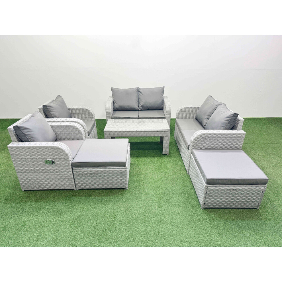 Fimous 8 Seater Outdoor Reclining Chair Love Sofa Set Rattan Garden Furniture Set with 2 Big FootStools Light Grey