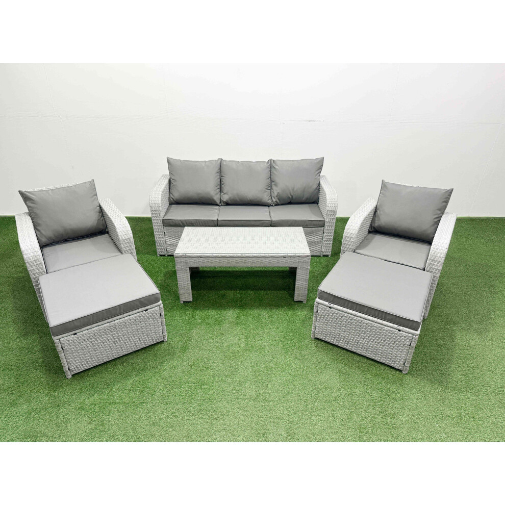 Fimous PE Rattan Garden Furniture Set Reclining Chair Sofa Lounge Sofa Set 2 Big Footstool Light Grey