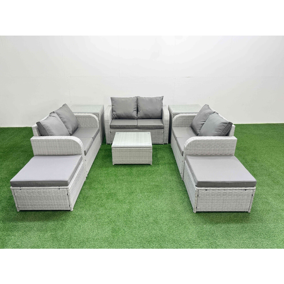 Fimous  8 Seater PE Wicker Rattan Furniture Sofa Sets with Square Coffee Table 2 Seater Love Sofa 2 Big Footstool 2 Side Table Light Grey