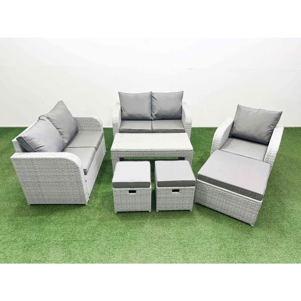 Fimous Unisex Light Grey High Back Poly Rattan Garden Furniture Set With Reclining Chair Loveseat Sofa Oblong Coffee Table Indoor Outdoor Patio Set Stools Size 3 - Image 2