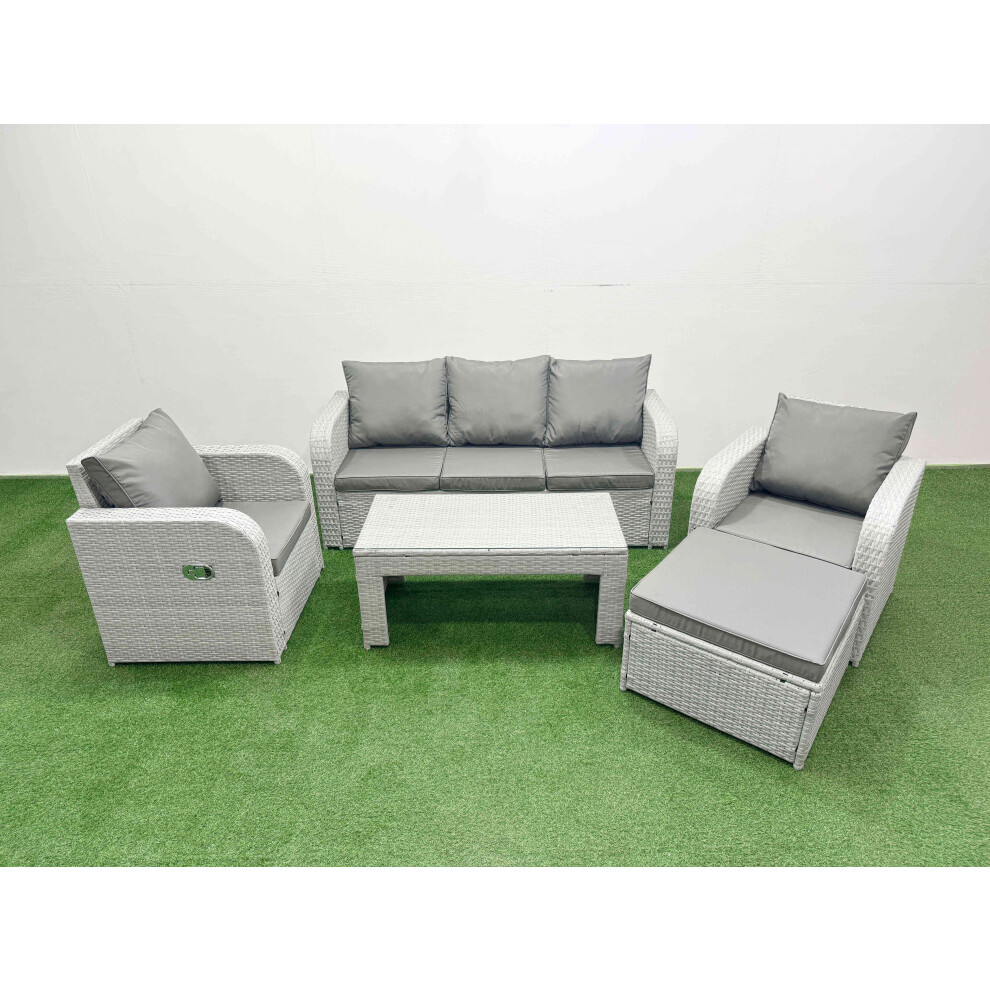 Fimous Pe Rattan Garden Furniture Set Reclining Chair Sofa Lounge Sofa Set Big Footstool Light Grey